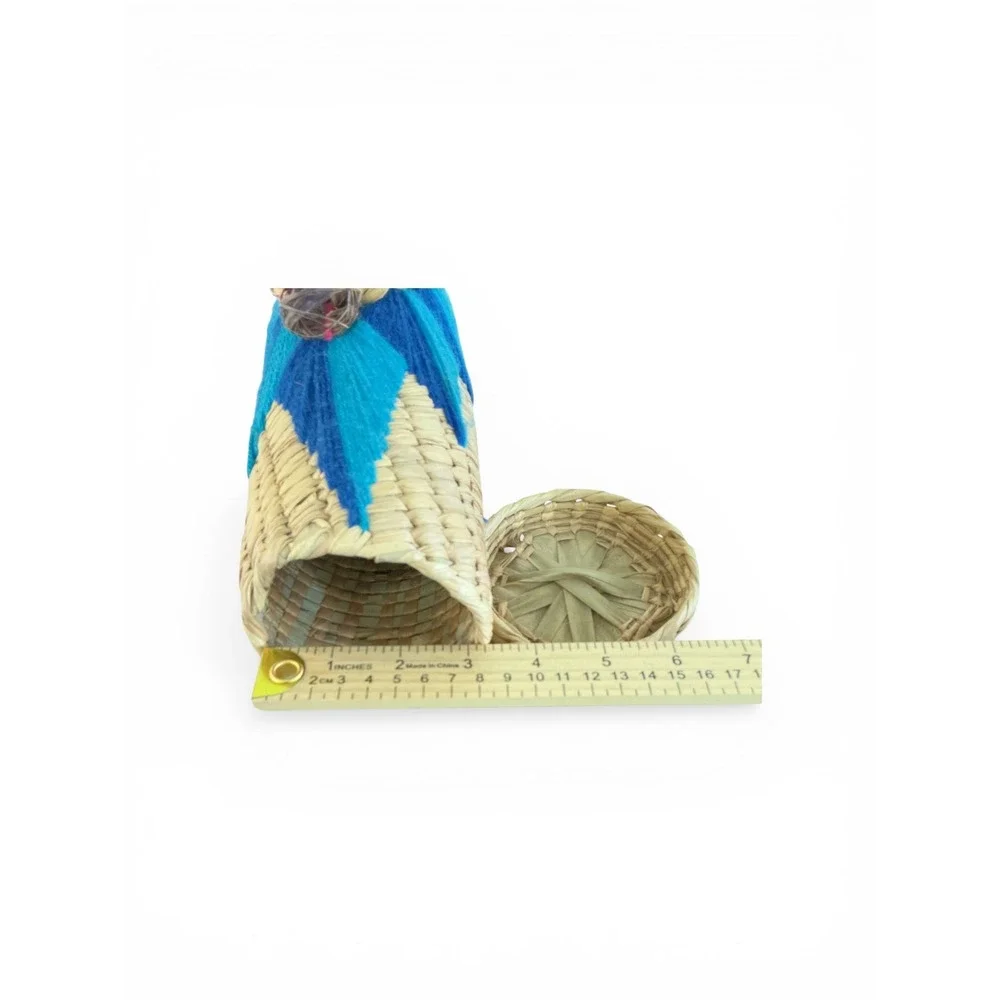 Vintage Woven Straw Bottle Cover Folk Art Blue Yarn‎ Grapes Decorative Decanter